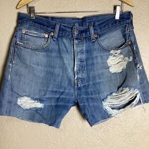Levis 501 Original Fit Distressed Denim Cutoff Shorts Blue W33 L32 Medium Wash